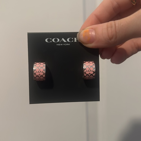 Coach Enamel Huggies with Signature C motif in light Pink and Silver - Picture 3 of 3